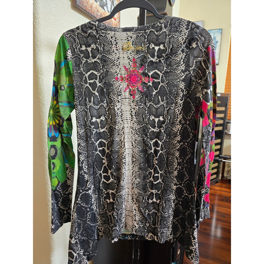 Desigual Women Floral Snakeskin Patchwork Long Sleeve VNeck Tunic Boho Top Large - Picture 4 of 4